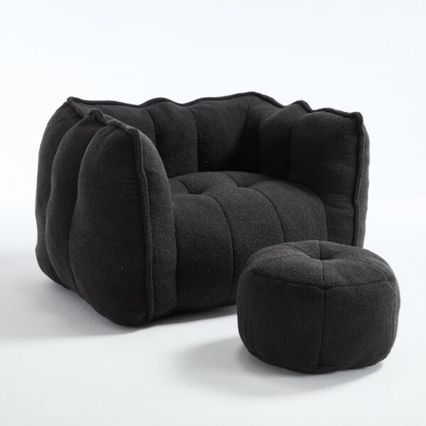 Soft Chenille Bean Bag Chair With High Resilient Foam For Living Room And Bedroom Comfortable Square Lazy Sofa With Footstool - Black