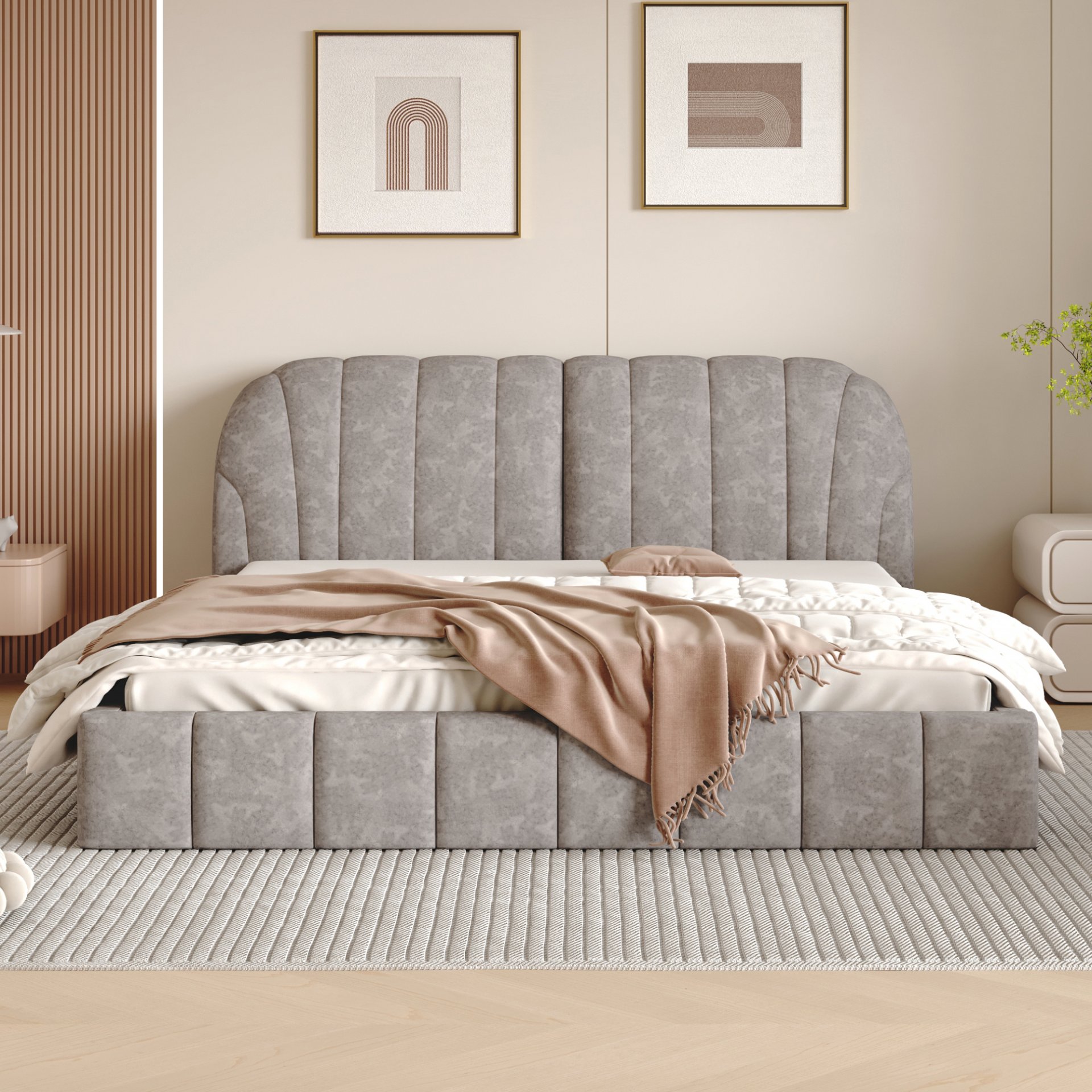 Queen Size Upholstered Platform Bed, Polyester - Gray - Image 2
