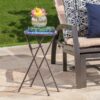 Outdoor Folding Accent Table With Glass Top And Iron Frame - White / Blue - Image 2