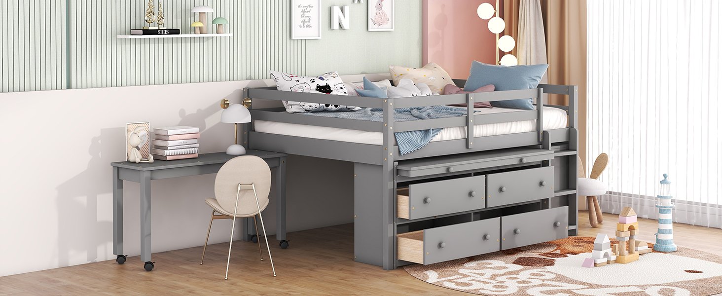 Full Size Loft Bed With Retractable Writing Desk And 4 Drawers, With Lateral Portable Desk And Shelves - Gray - Image 20