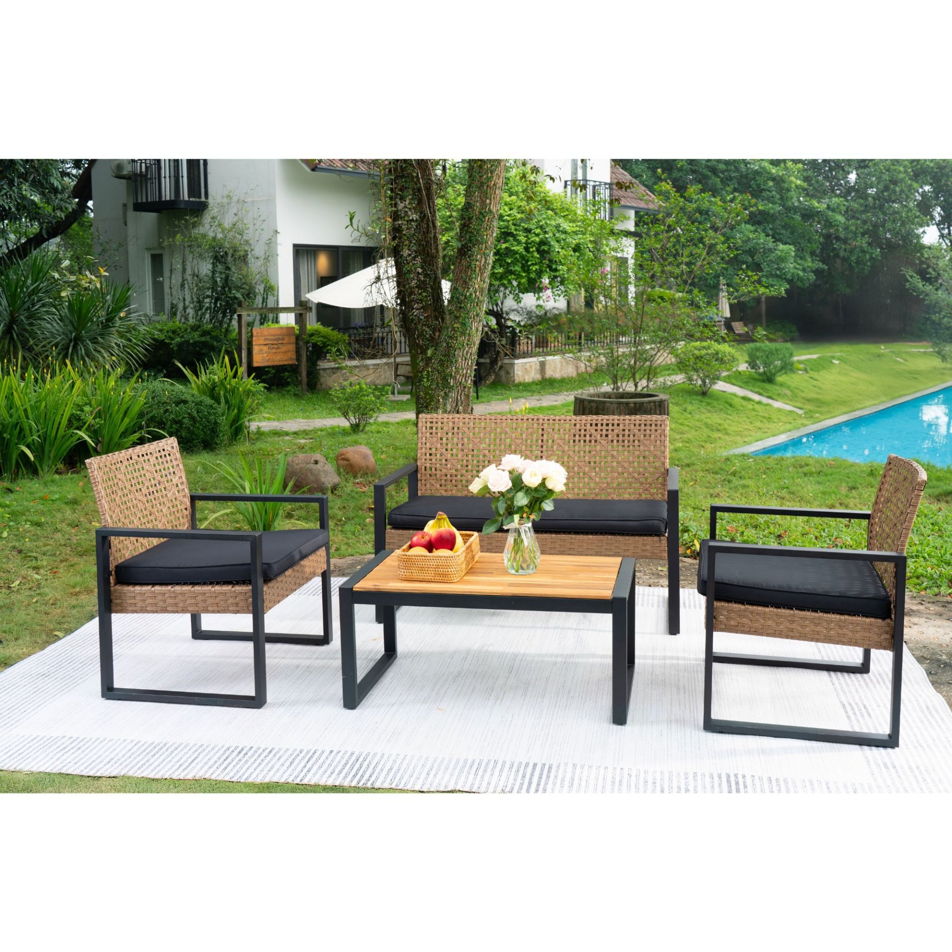 4 Piece Patio Furniture Set Outdoor Balcony Porch Garden Backyard Lawn Furniture Acacia Wood Table Top, Morden - Black And Light Brown - Image 12