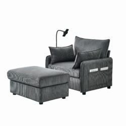 Comfy Corduroy Oversized Chaise Lounge Chair With Ottoman And Storage - Gray