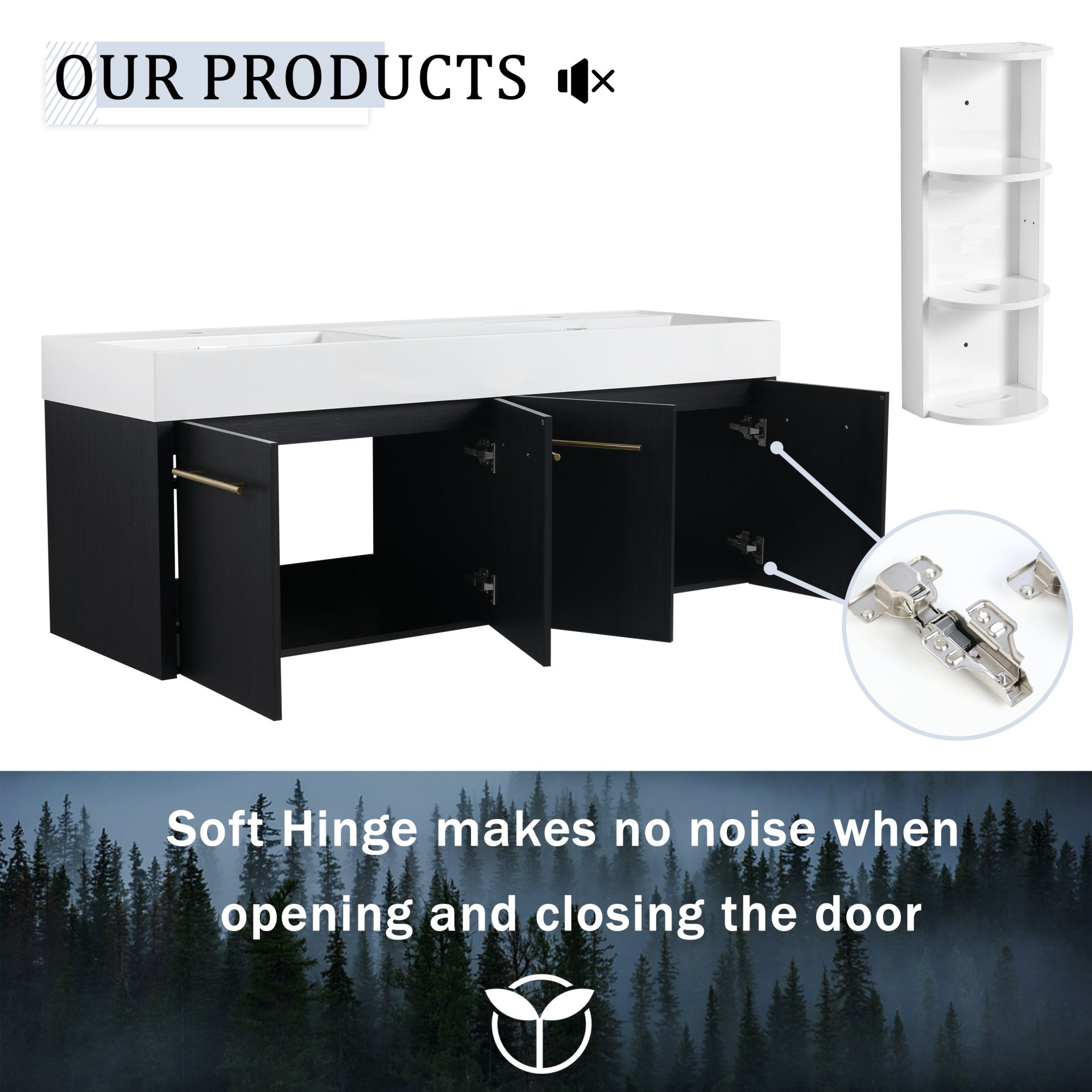 Modern Wall Mounted Bathroom Vanity With Double Resin Sink And Storage Rack - Black Chestnut - Image 7