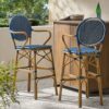 Outdoor Wicker And Aluminum French Barstools Set With Bamboo Print - Navy Blue - Image 2