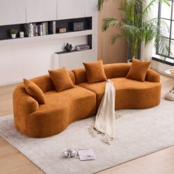 Compression Sofa:4 Seater Orange Sofa With Wood Grain Chenille Fabric, 30D, 60 Hardness Full Sponge, 4 Pillows For Living Room, Home Furniture Sleeper Sectional Sofa For Apartment