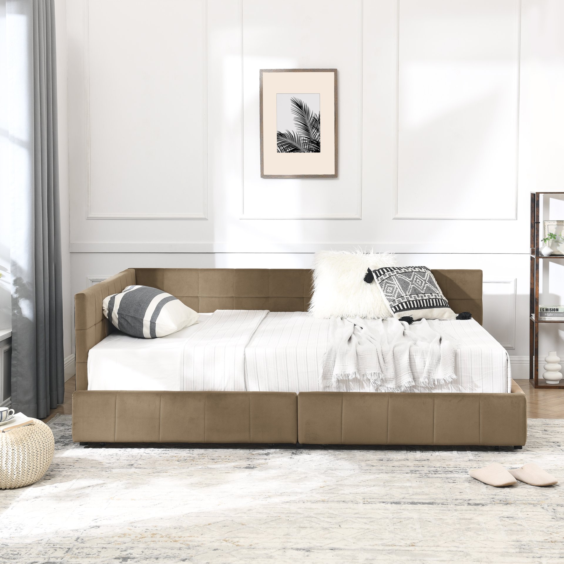 Mid Century Velvet Upholstered Tufted Full Size Storage Bed Frame With Backrest And Armrests - Brown - Image 8