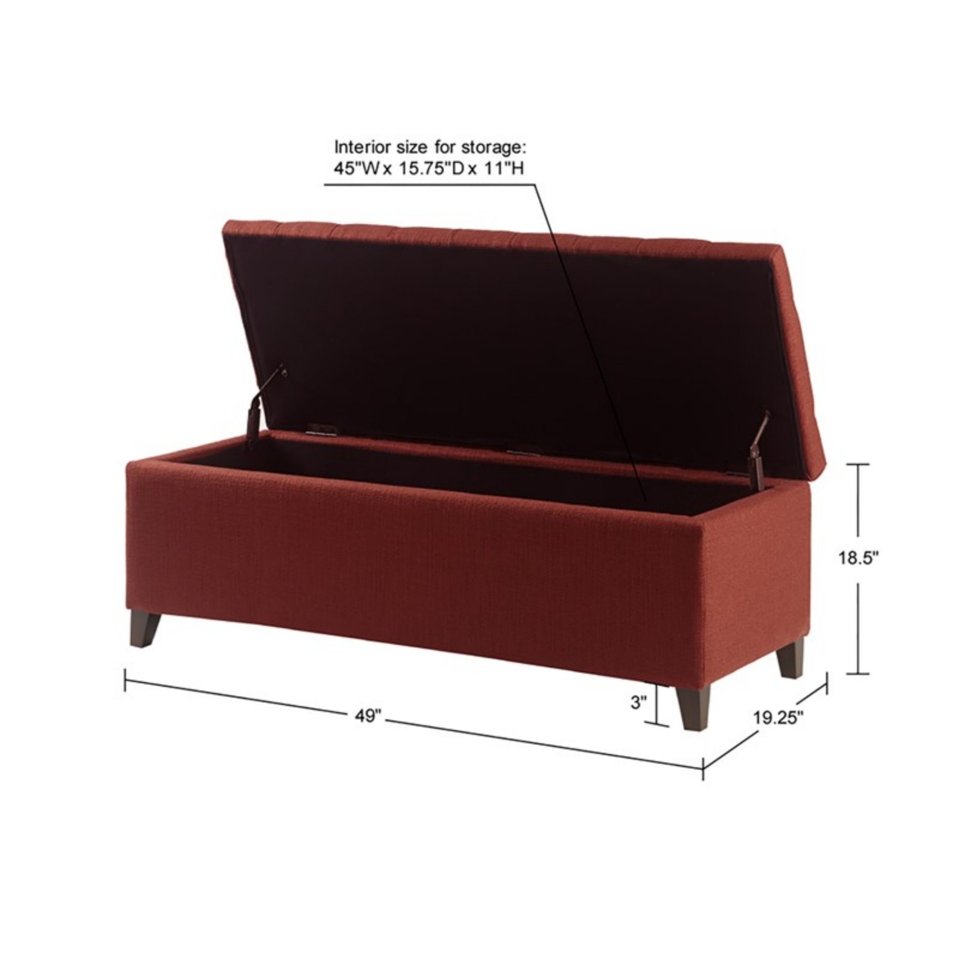 Shandra - Tufted Top Soft Close Storage Bench - Rust Red - Image 3