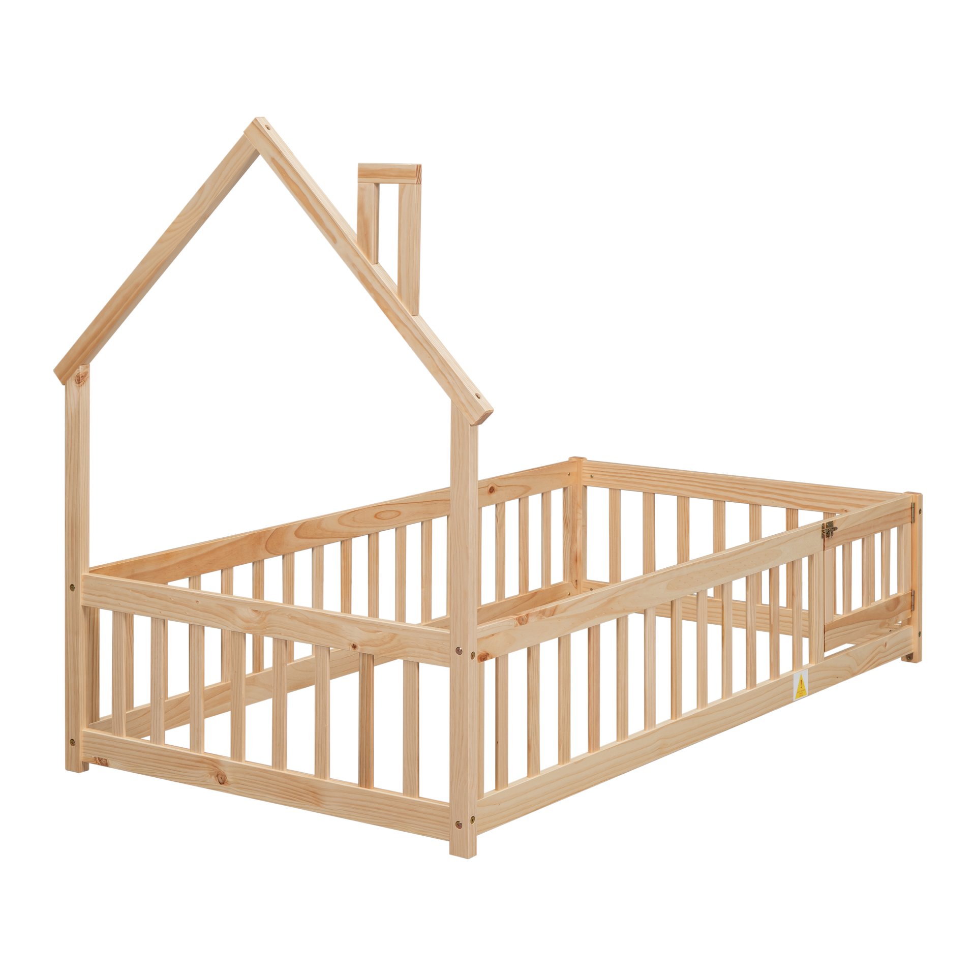 Twin House-Shaped Headboard Floor Bed With Fence - Natural - Image 10