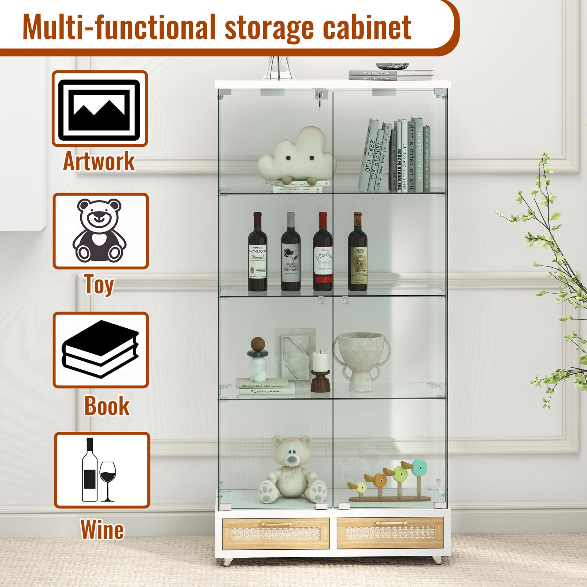 Glass Display Cabinet With LED Lights, Tempered Glass Doors, Large Drawers, 2 Door Storage Case With 4 Shelves - Natural / White - Image 17