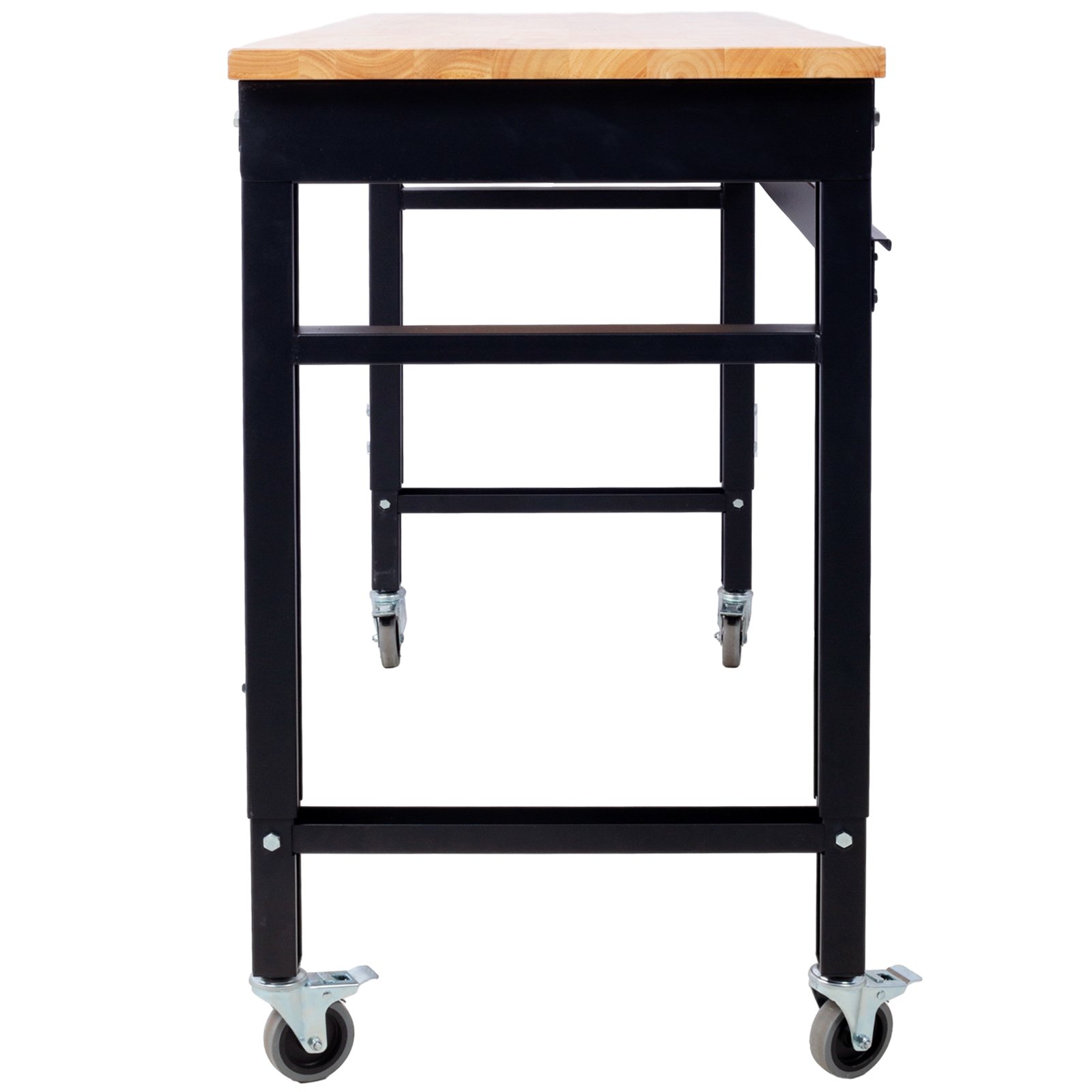 60" Wide Rolling Workbench For Garage, Adjustable Height, Workshop Tool Bench, Metal With Rubber Wood Top - Black / Light Brown - Image 11
