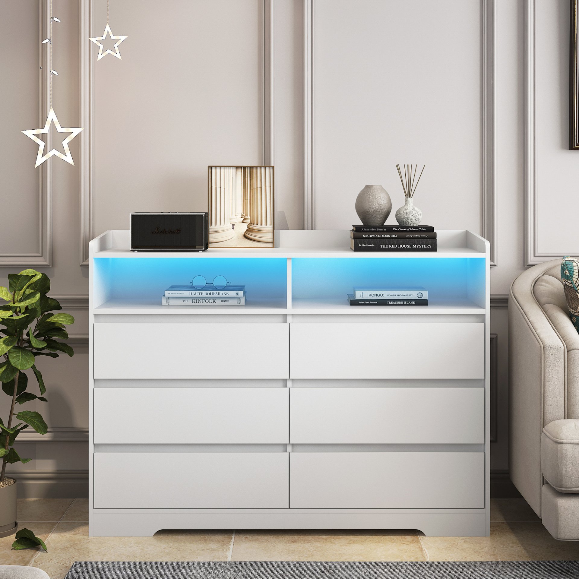 6 Drawer Dresser For Bedroom With LED Lights, Sturdy Frame - White - Image 7