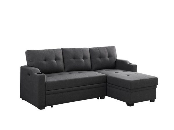 Mabel - Linen Fabric Sleeper Sectional With Cupholder, USB Charging Port And Pocket - Dark Gray