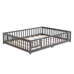 Twin Size Floor Bed With Door And Safety Fence For Children - Gray