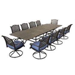 Rectangular 10 Person 126.38" Long Dining Set With Navy Blue Cushions, Swivel And Rocking Chairs - Antique Navy Blue
