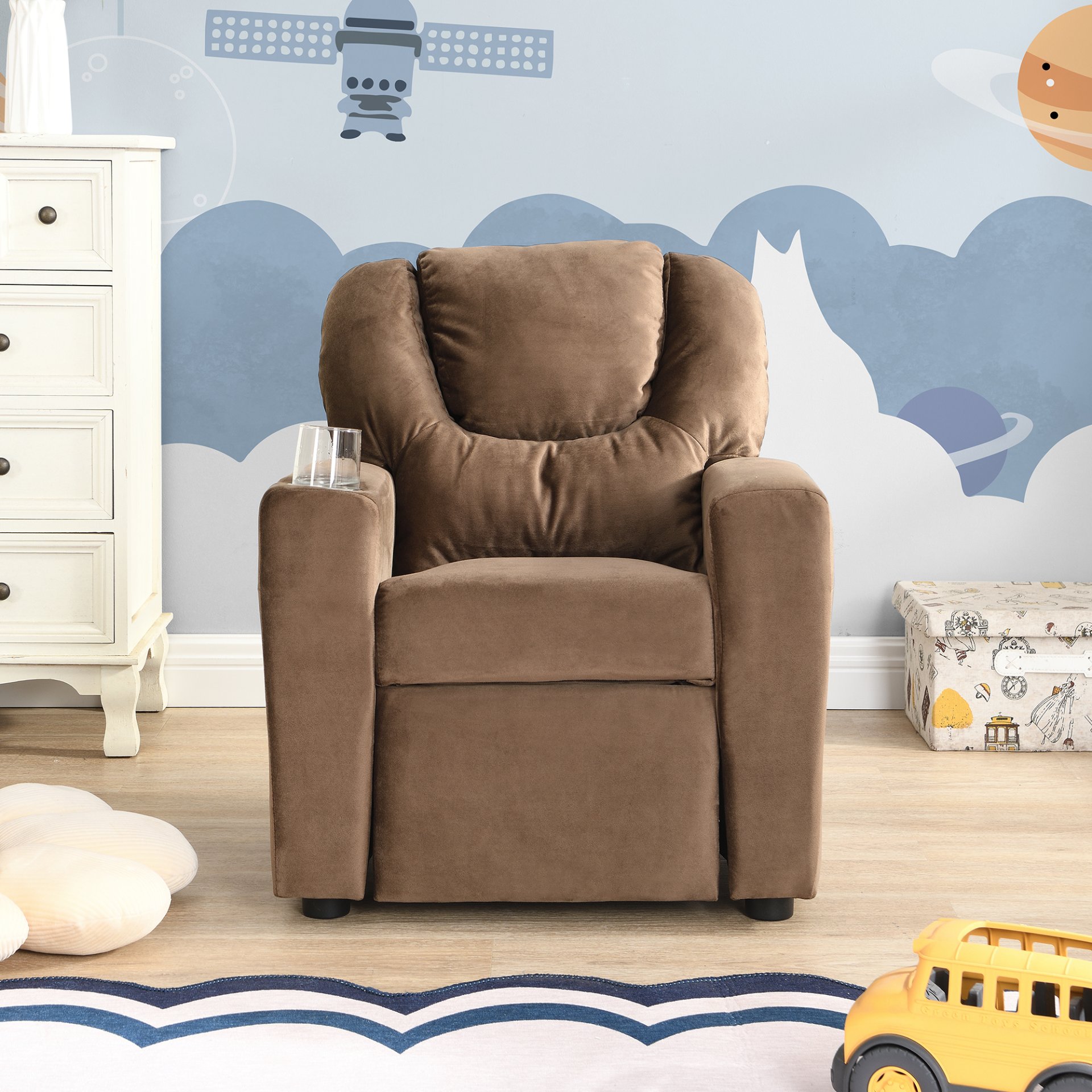 Kids Recliner Chair, Kids Upholstered Couch With One Cup Holder, Toddlers Recliner With Headrest And Footrest - Brown - Image 5