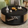 Wooden Mid-Century Modern Coffee Table, Round Cane Coffee Table With Side For Living Room - Dark Brown - Image 5