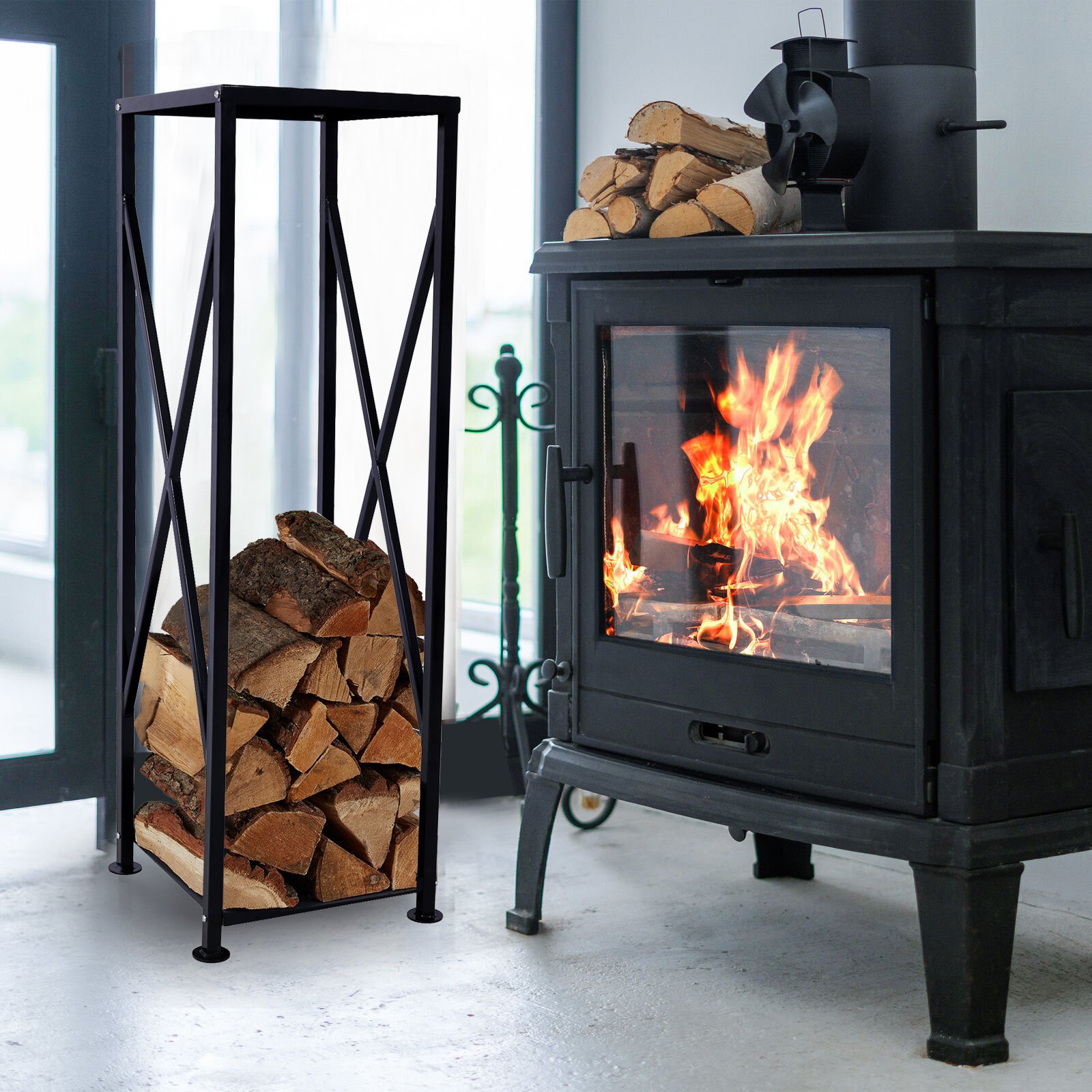 Decorative Firewood Storage Log Rack Holder For Outdoor Indoor Fireplace Fireplace Storage Log Rack Holder Wood Storage Logs Holder Fireside Holders - Black - Image 2