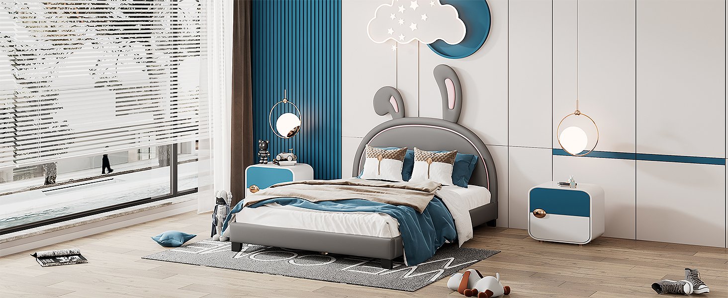 Full Size Upholstered Leather Platform Bed With Rabbit Ornament - Gray - Image 13