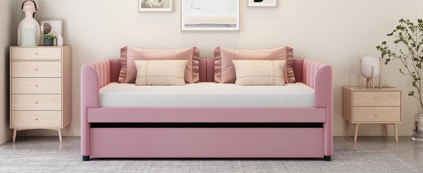 Twin Size Upholstered Daybed With Ergonomic Design Backrest And Trundle - Pink - Image 15