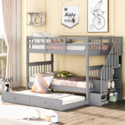Twin Over Twin Stairway Bunk Bed With Twin Size Trundle For Bedroom - Gray