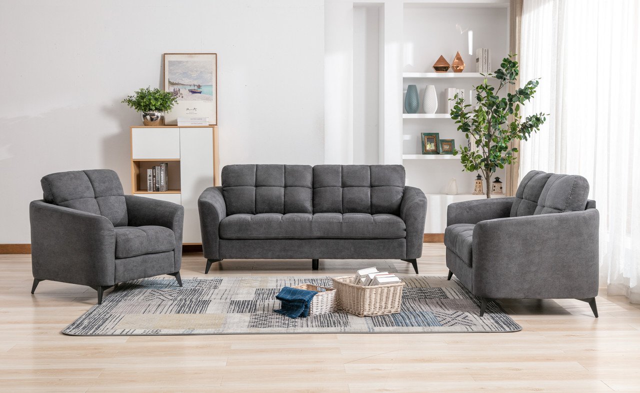 Callie - Woven Fabric Sofa Loveseat Chair Living Room (Set of 3) - Gray - Image 3