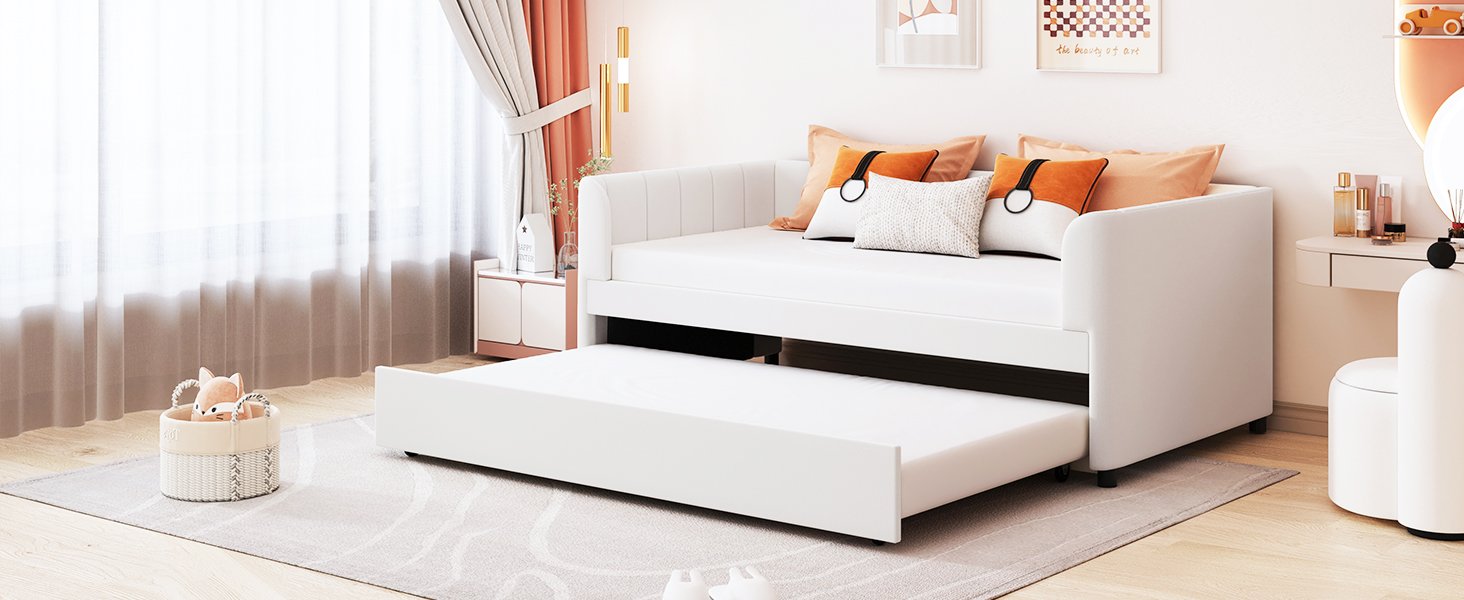 Twin Size Upholstered Daybed With Ergonomic Design Backrest And Trundle - Beige - Image 14