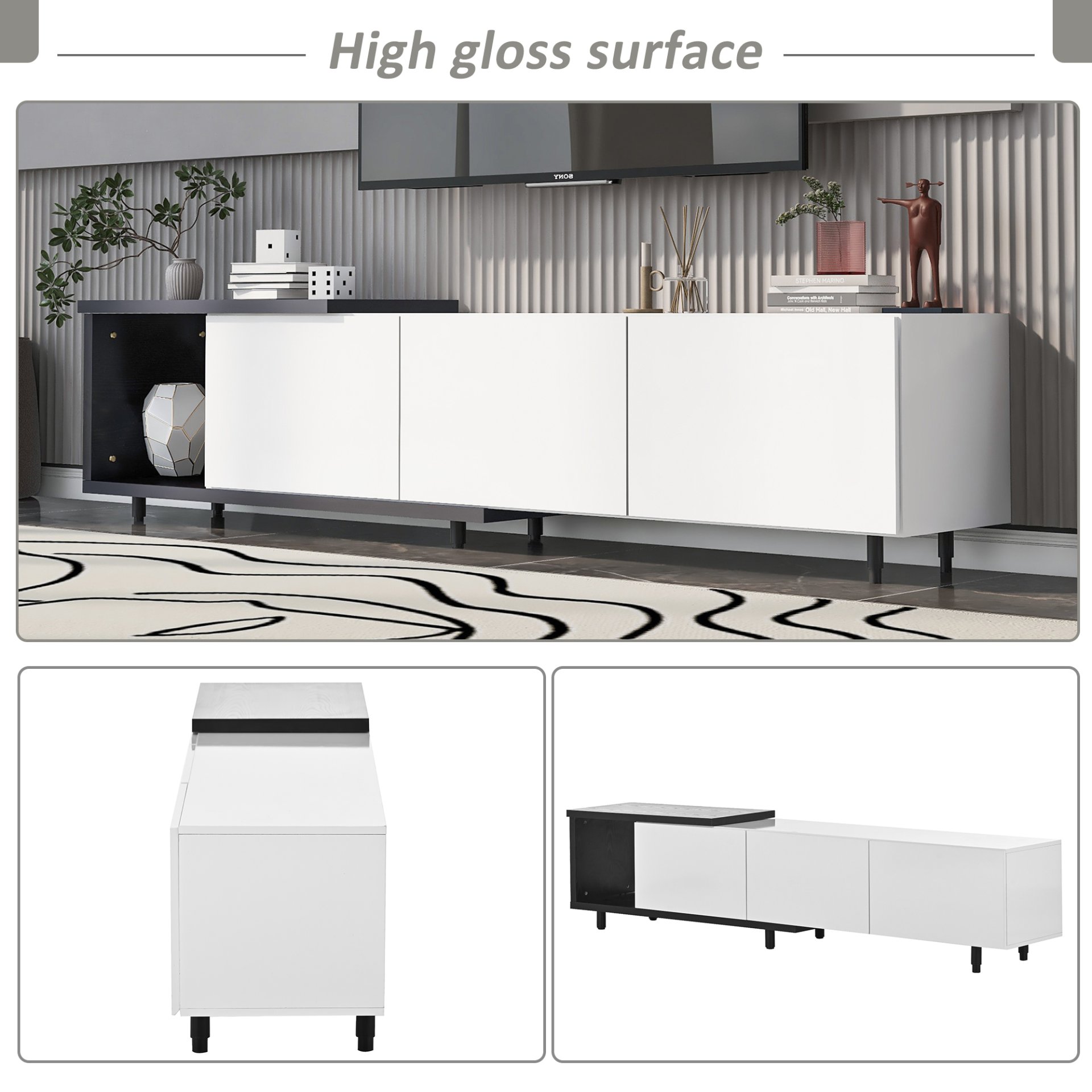 Modern Stylish Extendabletv Stand TV Cabinet For 80" TV - Black / White - Image 14