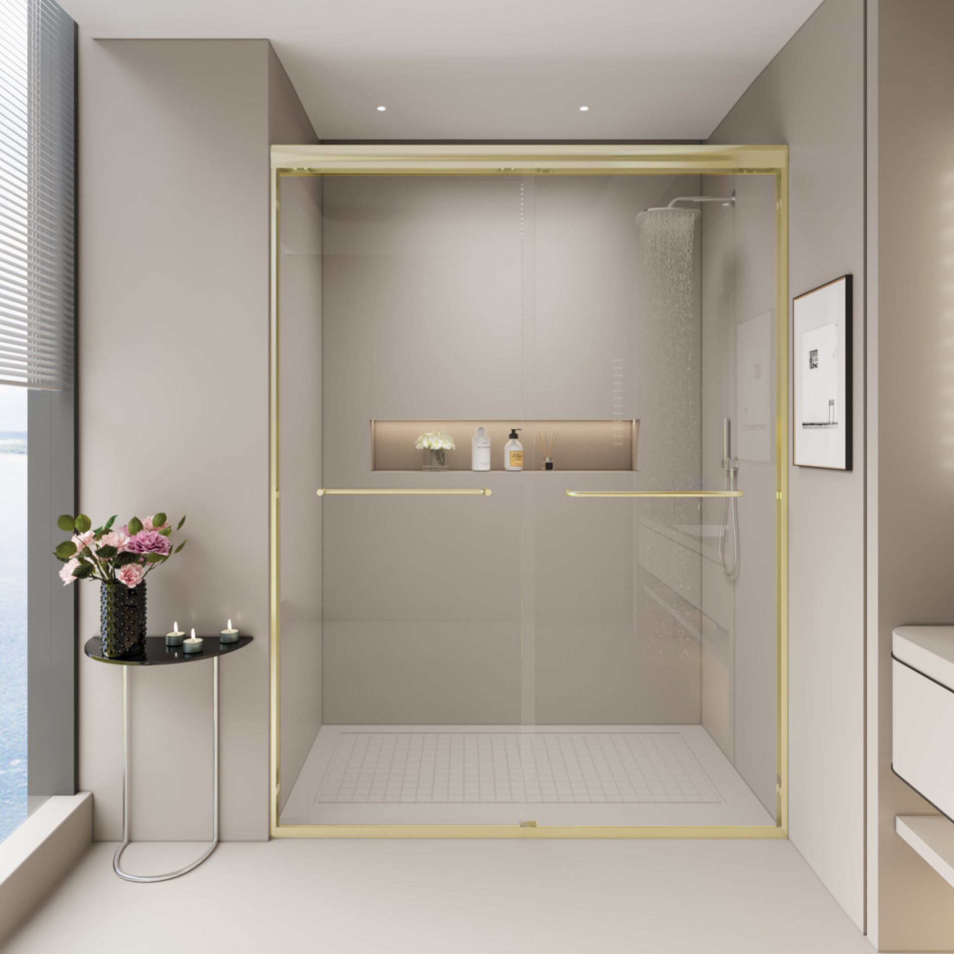 Double Sliding Shower Door, Semi Frameless Bypass Bathroom Sliding Door With 1 / 4" (6Mm) Tempered Glass For Walk In Shower - Brushed Gold - Image 2