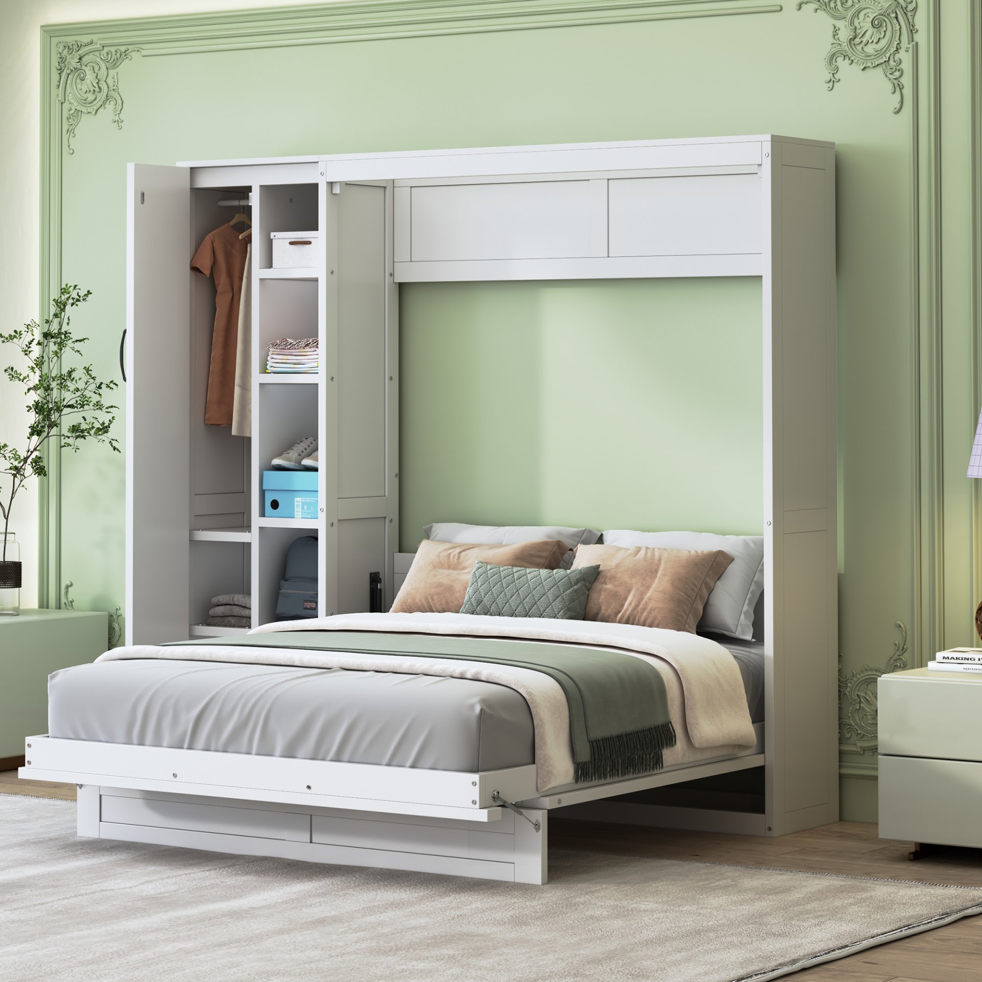 Full Size Murphy Wall Bed With Shelves, Wardrobe And LED Lights - White - Image 2