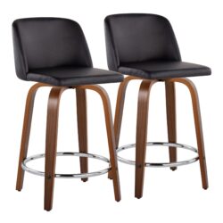 Toriano - Mid-Century Modern Fixed Height Counter Stool With Swivel And Round Footrest (Set of 2) - Walnut / Black