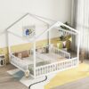Double Twin House-Style Floor Bed With Fence, Guardrails, Without Door - White - Image 8