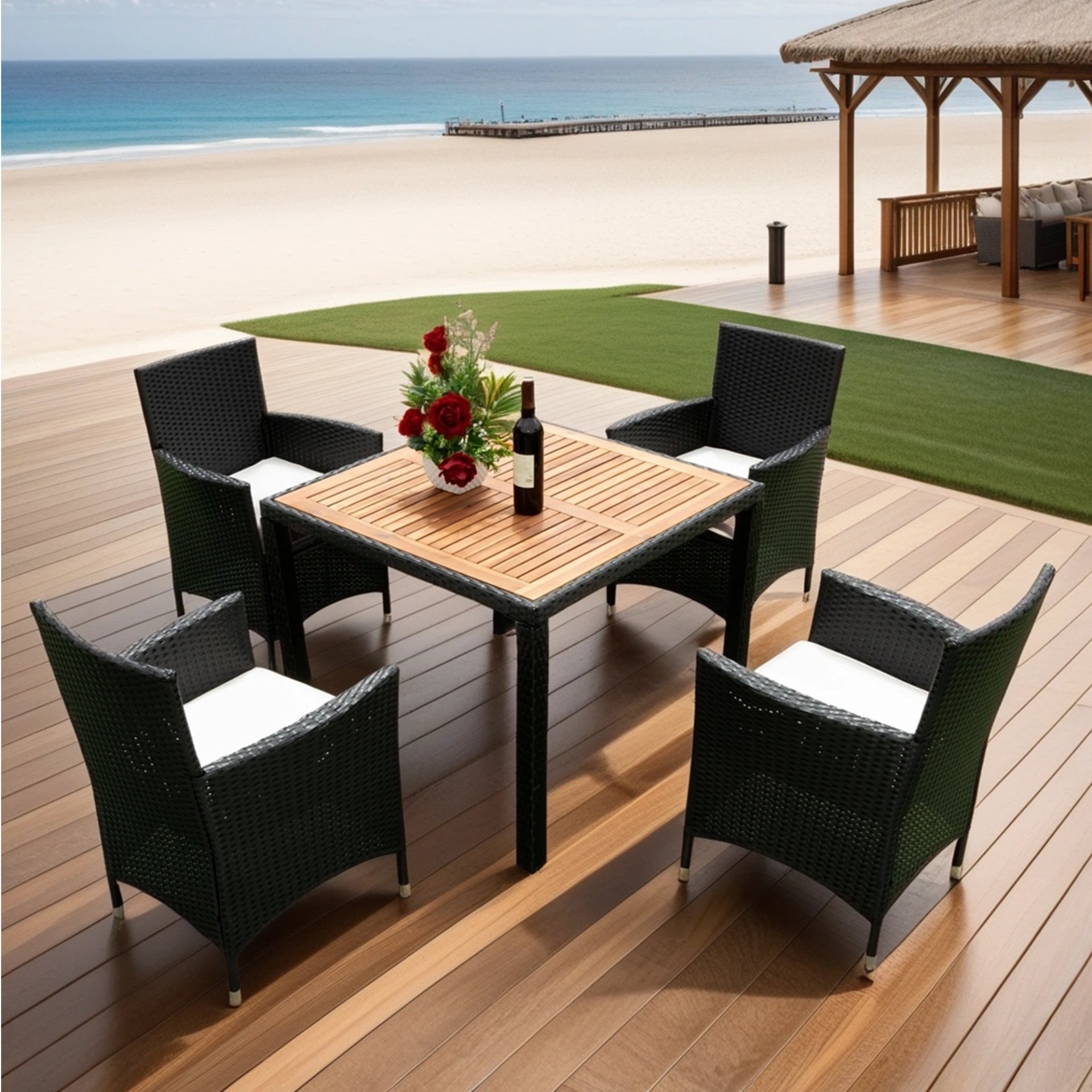 5 Piece Outdoor Patio Wicker Dining Set Patio Wicker Furniture Dining Set With Top - Black / Creme - Image 2