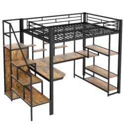 Full Size Metal Loft Bed With Storage Staircase And Small Wardrobe, Built - In Desk And Storage Shelves - Black