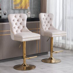 Thick Golden Swivel Velvet Barstools Adjusatble Seat Height From 27-35", Modern Upholstered Bar Stools With Backs Comfortable Tufted For Home Pub And Kitchen Island (Set of 2) - Beige