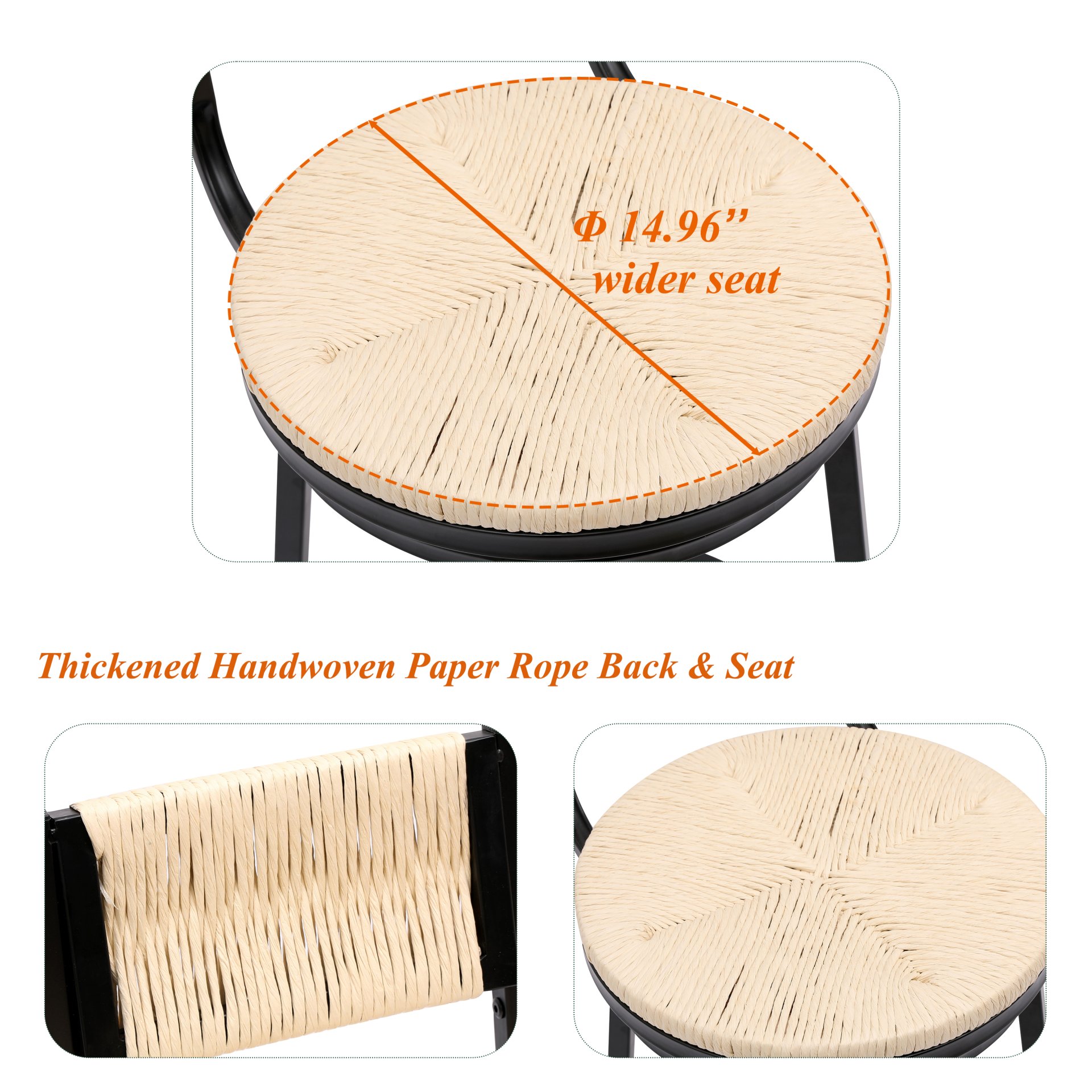 Bar Stools Swivel Counter Chairs With Metal Frame (Set of 2) Hand Woven Paper Rope Dining Barstools For Kitchen Counter - Creamy White - Image 7