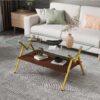 Rectangle Coffee Table With Tempered Glass Top And Golden Metal Legs, Modern Table For Living Room, Transparent Glass - Gold / Dark Brown - Image 2
