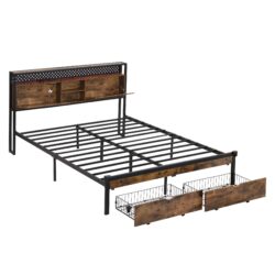 Modern Queen Size Metal Platform Bed Frame With Wooden Headboard USB Charging LED Lights And Storage Drawers - Black / Brown