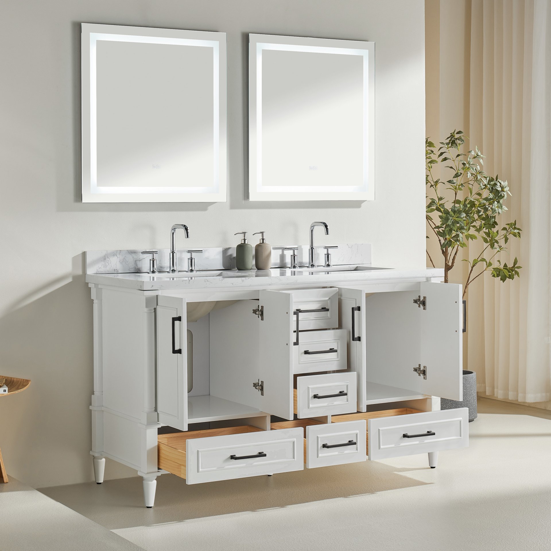 Freestanding Double Bathroom Vanity With Extra Black Handles - White - Image 16
