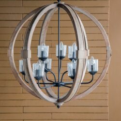 9 Light Globe Chandelier, Wood Chandelier Hanging Light Fixture With Adjustable Chain For Kitchen, Bulb Not Included - Brown