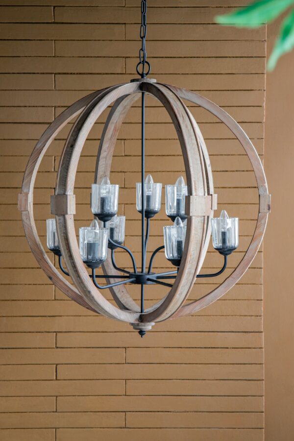 9 Light Globe Chandelier, Wood Chandelier Hanging Light Fixture With Adjustable Chain For Kitchen, Bulb Not Included - Brown