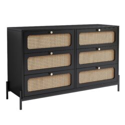 Modern Cannage Rattan Wood Closet 6 Drawer Dresser Wood Storage Cabinet Sideboard For Bedroom, Living Room, Entryway, Hallway - Black