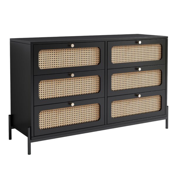 Modern Cannage Rattan Wood Closet 6 Drawer Dresser Wood Storage Cabinet Sideboard For Bedroom, Living Room, Entryway, Hallway - Black