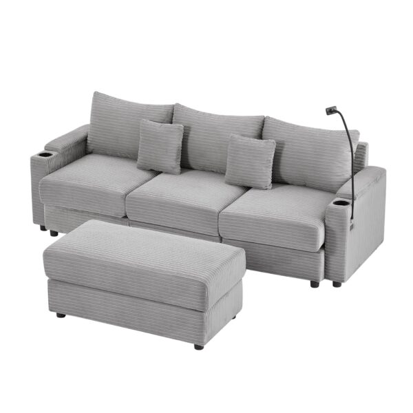 Modern Style 3 - Seater Sofa Sectional Sofa Couch With Storage Space, A Movable Ottoman, Two USB Ports, Two Cup Holders, A Phone Holder For Living Room - Gray