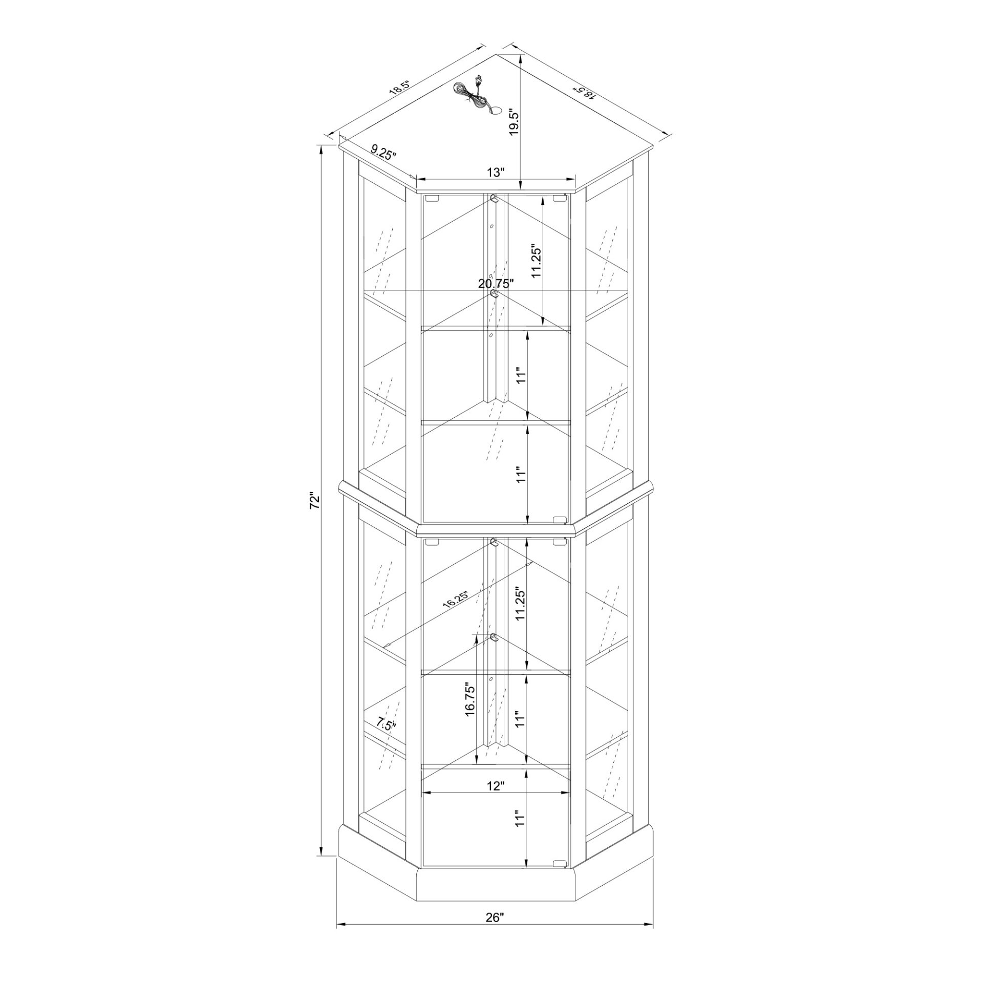 6 Shelf Corner Curio Display Cabinet With Lights, Mirrors And Adjustable Shelves (E26 Light Bulb Not Included) - Cherry - Image 4