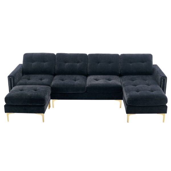 Elegant Velvet L - Shape Convertible Sectional Sofa With Movable Ottoman - Black