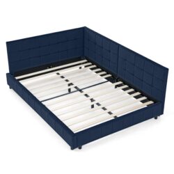 Mid Century Velvet Full Size Upholstered Tufted Bed Frame With Comfortable Backrest And Armrests - Dark Blue
