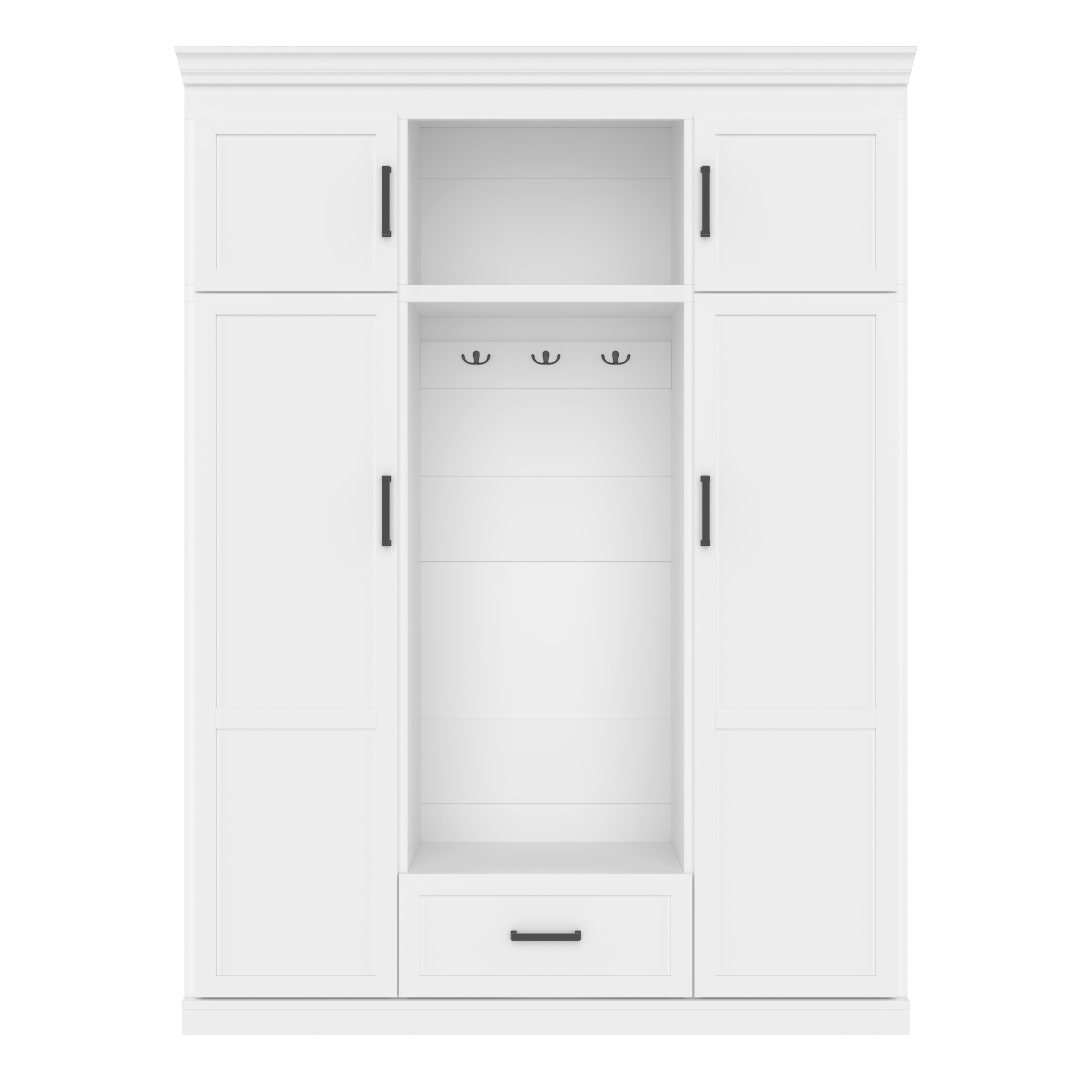 Hall Tree With Bench And 3 Hooks, Modern Entryway Storage Organizer Cabinet With 4 Doors, 1 Drawer And Adjustable Shelves For Hallway, Entryway, Living Room - White - Image 10