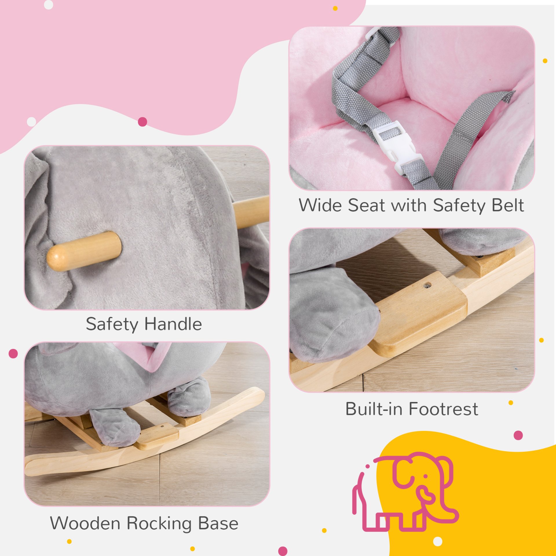 Qaba - Baby Rocking Horse Elephant Rocking Chair Toddler Rocker Toy With Sound Wooden Base Seat Safety Belt For 1.5-3 Year Old - Gray - Image 7