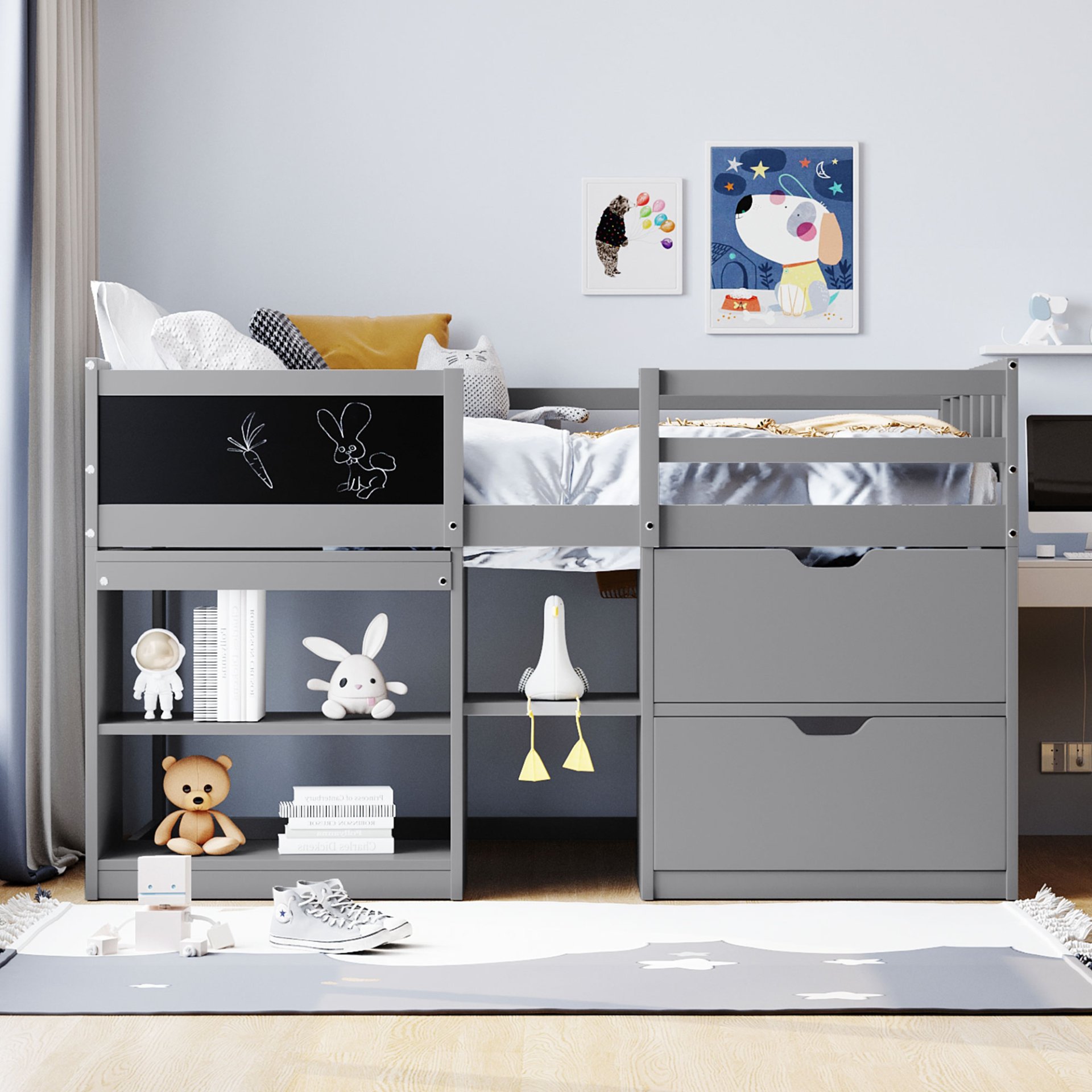 Twin Size Low Loft Bed With Rolling Desk, Shelf And Drawers - Gray - Image 2