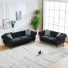 Chesterfield 3 And 2 Seater Velvet Upholstery Sofa With Roll Armrest & Nailhead Fabric Couch For Living Room & Office - Black - Image 6